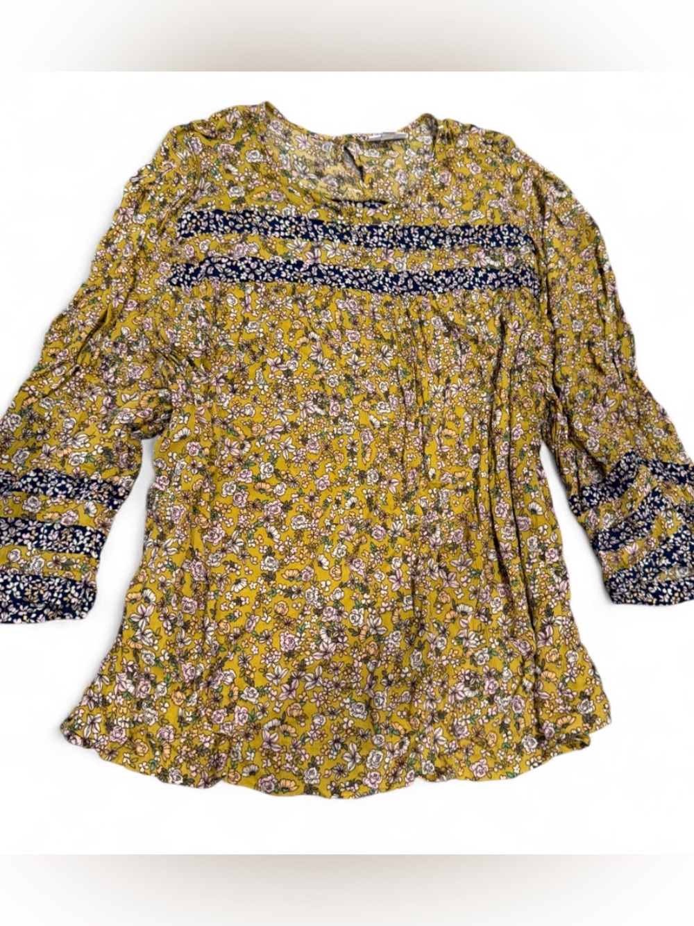 J. Jill Mustard Yellow Floral Peasant Blouse with Navy Trim 3X